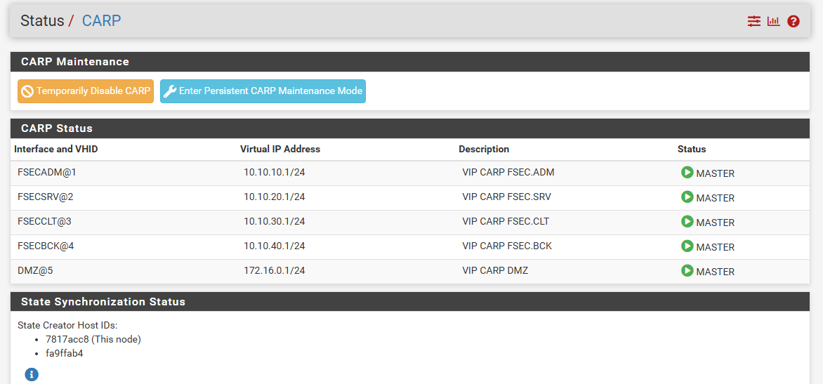 Interface pfSense Status / CARP — les cinq VIPs (FSEC.ADM, FSEC.SRV, FSEC.CLT, FSEC.BCK, DMZ) toutes en statut MASTER, indiquant que ce pare-feu est actif.
