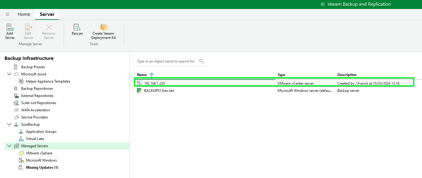 Interface Veeam Backup & Replication — vue Managed Servers : le serveur vCenter VMware (192.168.1.220) et le serveur Windows de sauvegarde (BACKUP01.fsec.lan) sont enregistrés.
